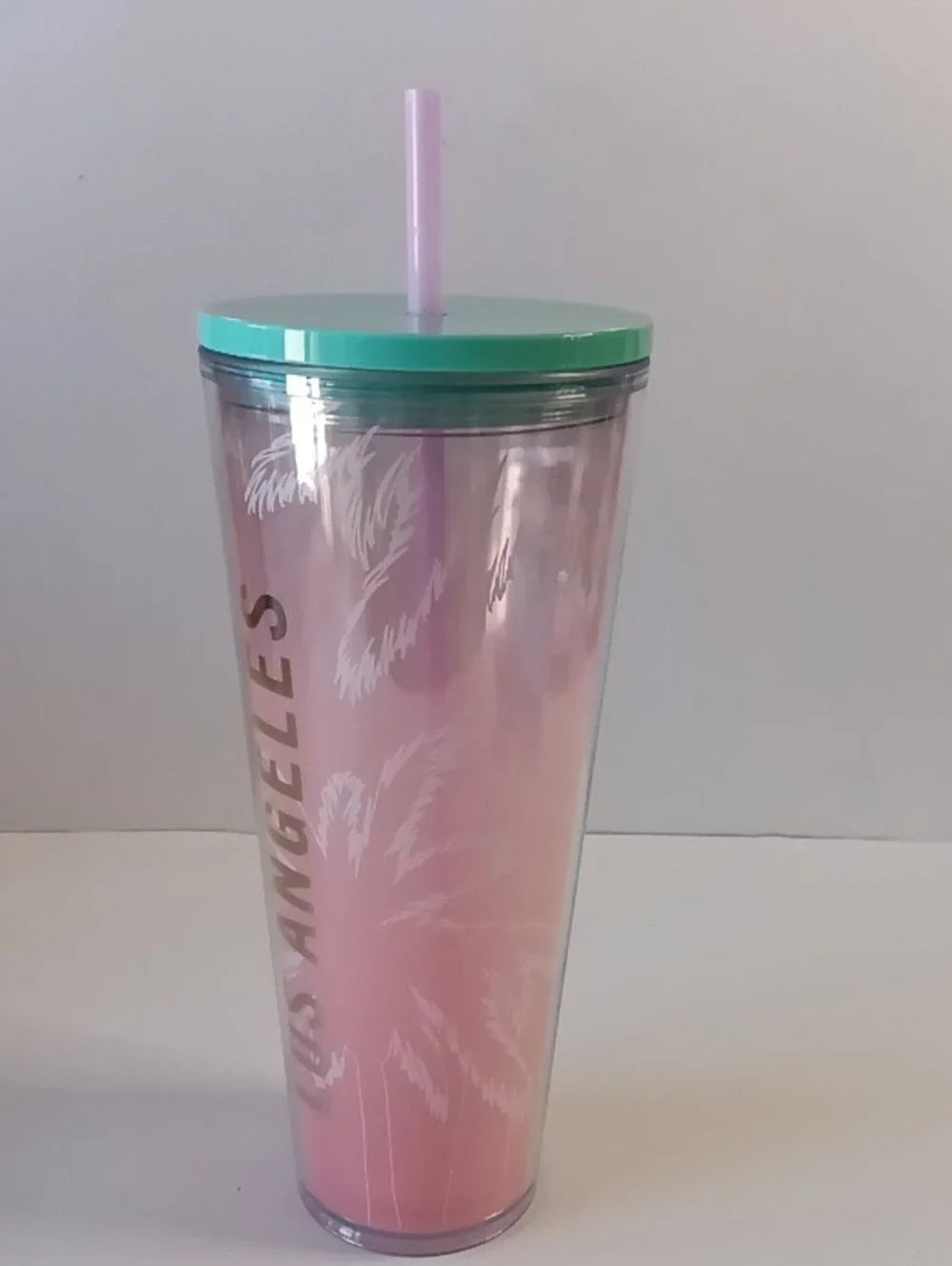 Starbucks Palm Tree Pink Los Angeles 24oz Cold Tumbler Green Lid & Pink Straw